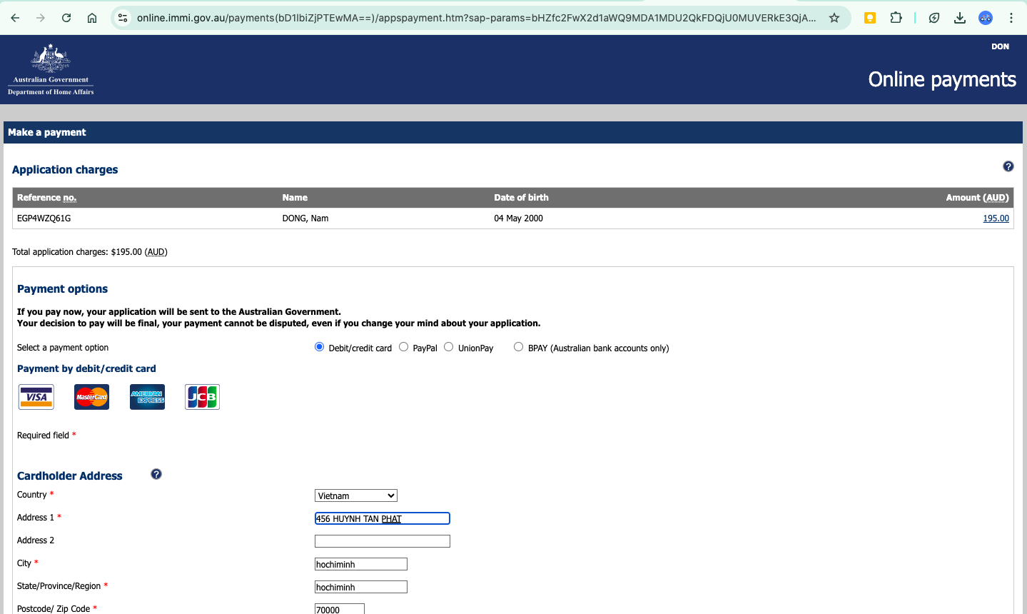 Thanh toán phí visa Úc online