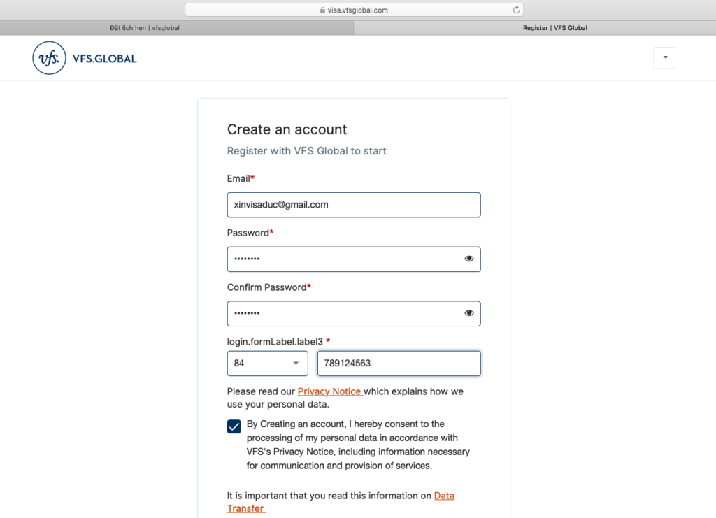 Đăng ký tài khoản Vfs Đức